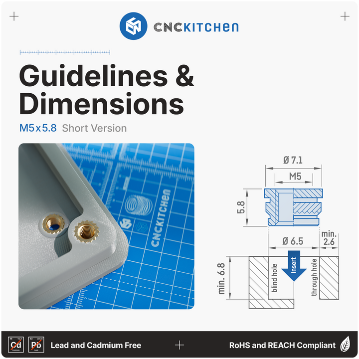 CNC Kitchen - Gewindeeinsatz M5 x 5.8 (kurze Version) - 50 Stück